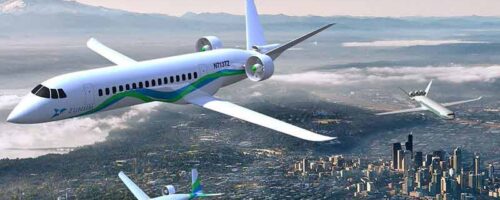 Electric, solar powered jets flying over a city